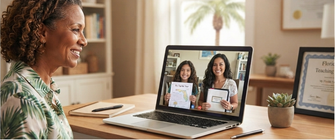 A certified teacher meeting with a student and parent through a video call